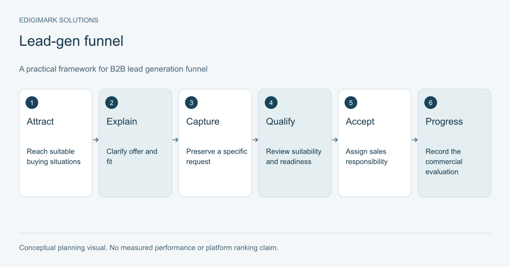 B2B lead generation funnel diagram: Attract, Explain, Capture, Qualify, Accept, Progress