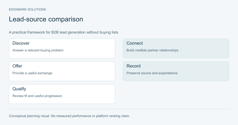 B2B lead generation without buying lists diagram: Discover, Connect, Offer, Record, Qualify