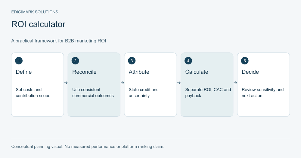 B2B marketing ROI diagram: Define, Reconcile, Attribute, Calculate, Decide
