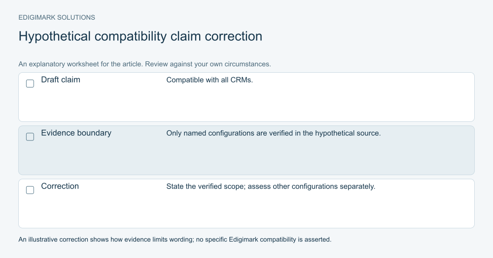 can AI-generated content rank: Hypothetical AI content claim review correcting universal CRM compatibility to the scope supported by evidence