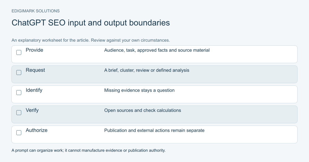 ChatGPT for SEO: ChatGPT SEO workflow boundary from supplied context to a bounded task, uncertainty, verification and separate action authority