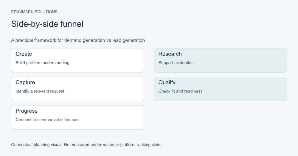 demand generation vs lead generation diagram: Create, Research, Capture, Qualify, Progress
