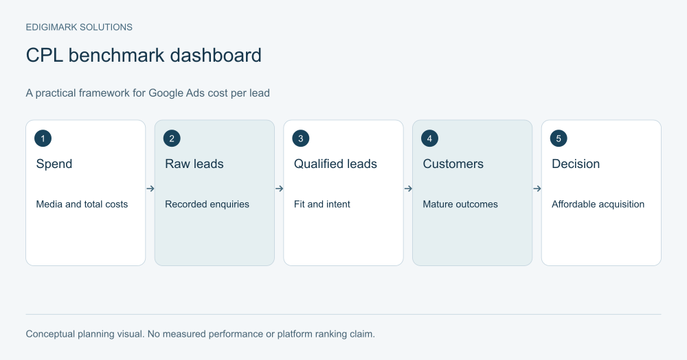 CPL benchmark dashboard showing the practical decisions in Google Ads cost per lead