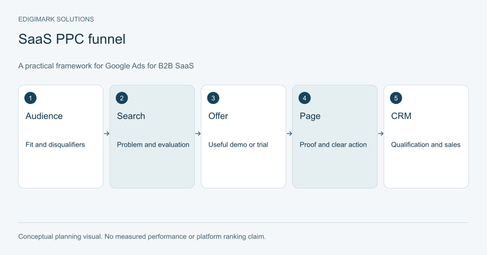 SaaS PPC funnel showing the practical decisions in Google Ads for B2B SaaS
