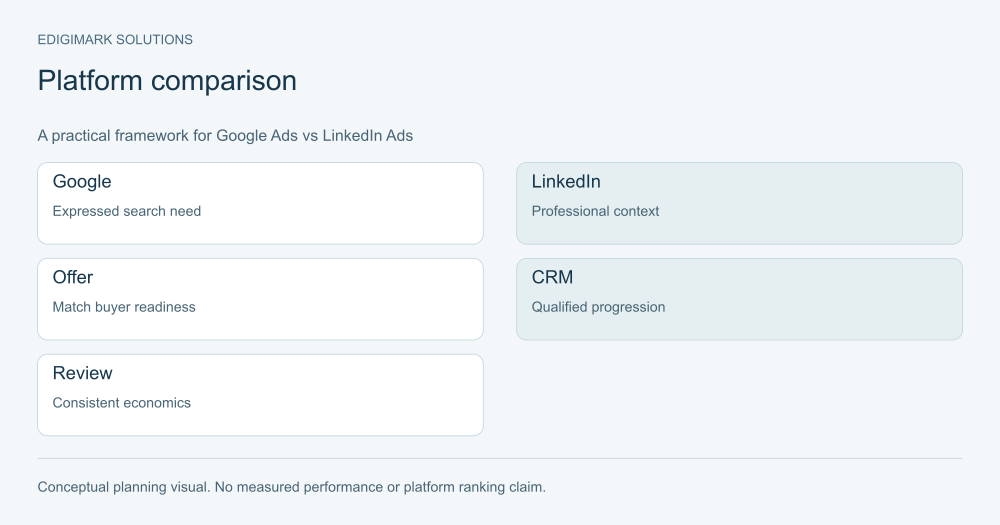 Platform comparison showing the practical decisions in Google Ads vs LinkedIn Ads