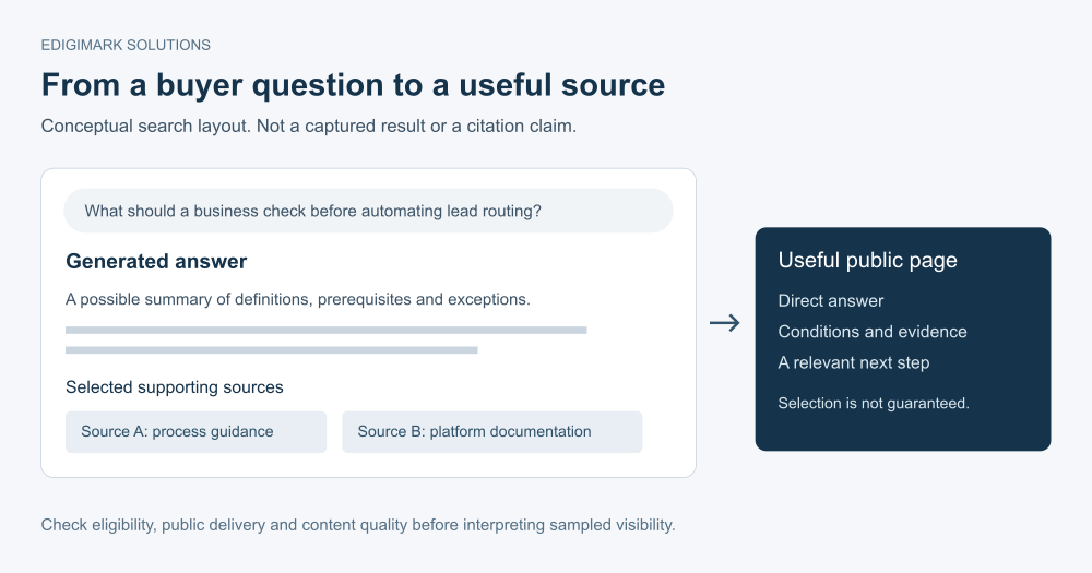Google AI Overviews optimization diagram showing a generated answer, supporting sources and a useful business page