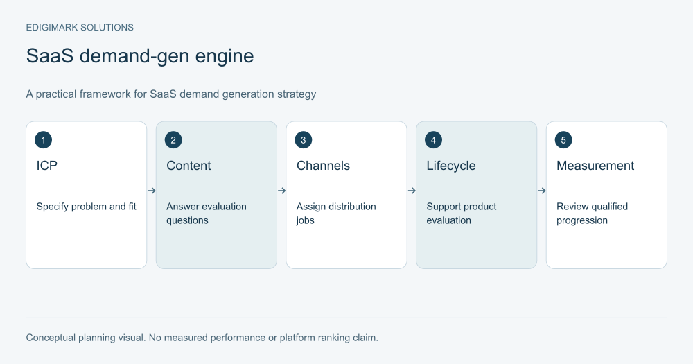SaaS demand generation strategy diagram: ICP, Content, Channels, Lifecycle, Measurement